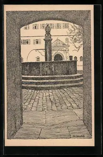 Künstler-AK Tübingen, Schlosshof mit Brunnen