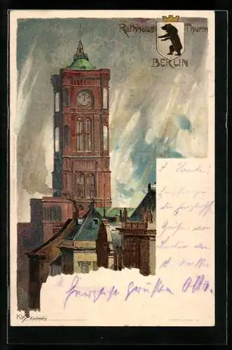 Künstler-AK Heinrich Kley: Berlin, Rathaus-Turm in der Königstrasse, Wappen