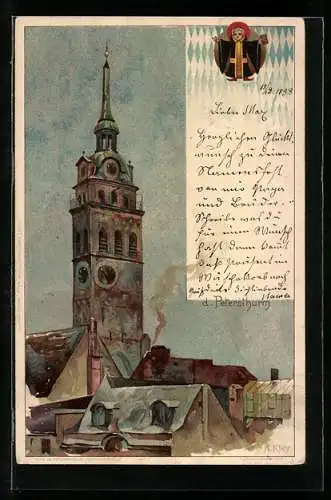 Künstler-AK Heinrich Kley: München, der Petersturm mit Münchener Kindl