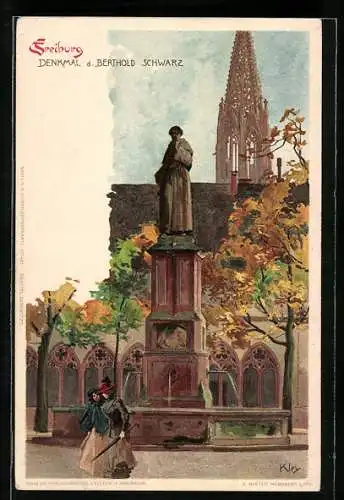 Künstler-Lithographie Heinrich Kley: Freiburg, Denkmal des Berthold Schwarz