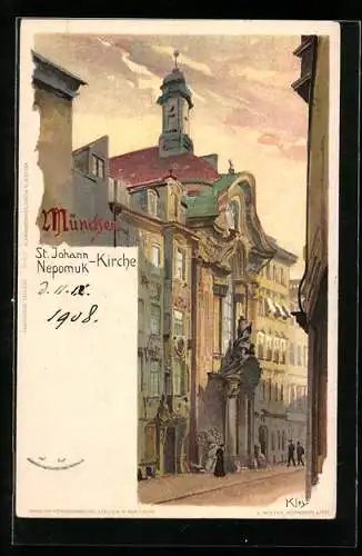 Künstler-Lithographie Heinrich Kley: München, St. Johann-Nepomuk-Kirche