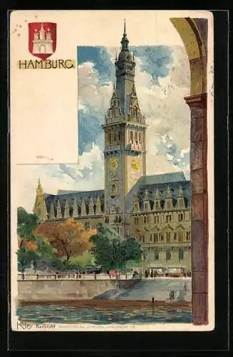 Künstler-AK Heinrich Kley: Hamburg, Rathaus mit Fluss und Strassenbahn davor, Wappen