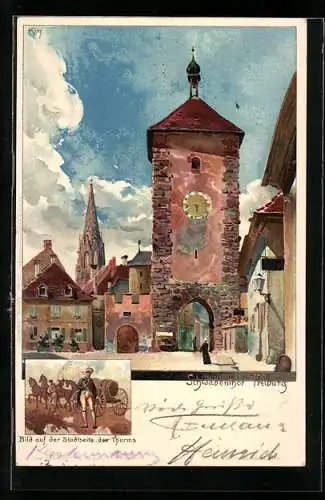 Künstler-Lithographie Heinrich Kley: Freiburg, Schwabenthor, Blick auf der Stadtseite des Thurms