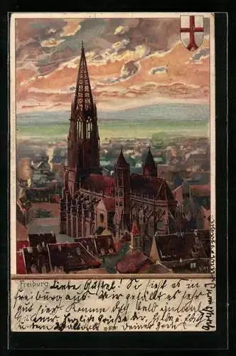 Künstler-AK Heinrich Kley: Freiburg, Die Kirche, Wappen