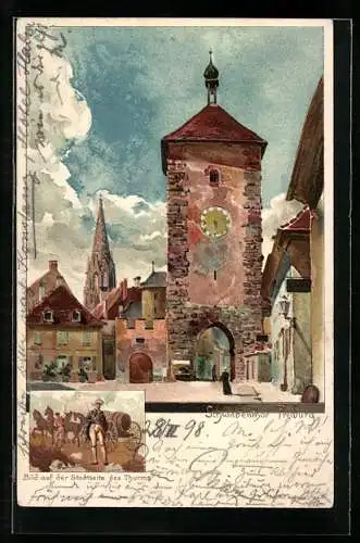 Künstler-Lithographie Heinrich Kley: Freiburg, Schwabenthor, Blick auf der Stadtseite des Thurms