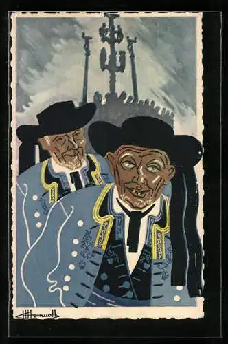 Künstler-AK Charles Homualk: Plougastel, zwei Männer in Trachten