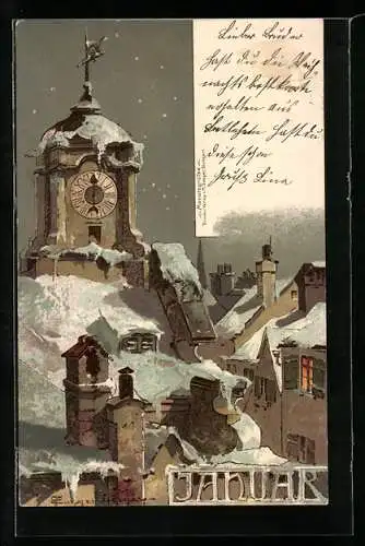 Künstler-AK T.Guggenberger: Monatsgrüsse Januar, verschneiter Ort mit Blick zum Kirchturm