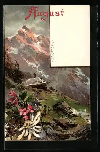 Künstler-AK T.Guggenberger: Monat August, einsame Berghütte, bunte Blumen