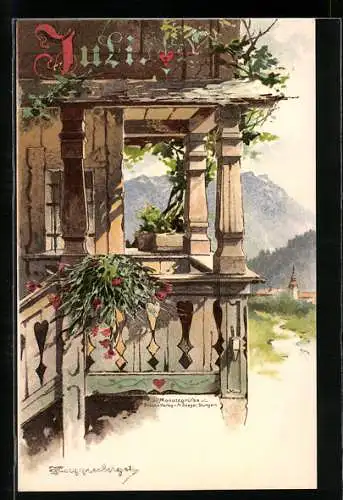 Künstler-AK T.Guggenberger: Allegorie, Blick von einem Balkon an einem schönen Julitag