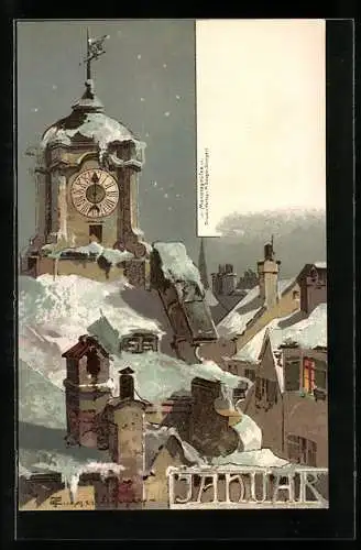 Künstler-AK T.Guggenberger: Monatsgrüsse Januar, verschneiter Ort mit Blick zum Kirchturm