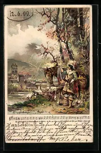 Künstler-Lithographie Theodor Guggenberger: Der Trompeter von Säckingen im Regen, Noten