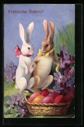 Künstler-AK Mary Golay: Osterhasen an Osterkörbchen