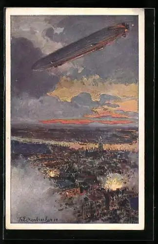 Künstler-AK Eckenbrecher: Antwerpen, die Bombardierung durch Zeppelin