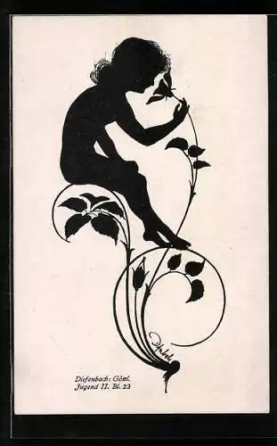 Künstler-AK Diefenbach: Schattenbild Göttl. Jugend, Mädchen auf Blumenstängel riecht an einer Blüte