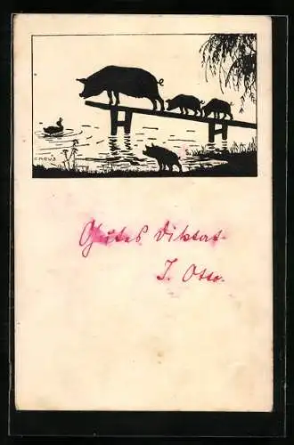 Künstler-AK Carus: Sau mit Ferkeln zankt sich mit Ente