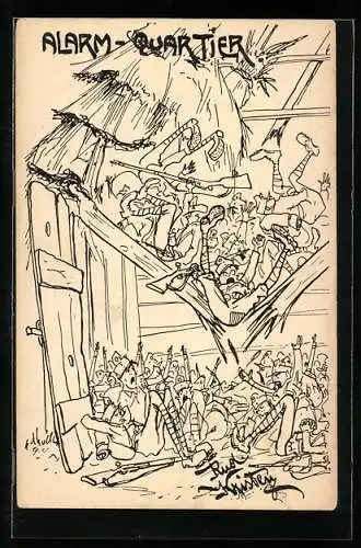 Künstler-AK Rud. Kristen: Deutschmeister-Witwen- und Waisen-Stiftung, Alarm-Quartier, Soldatenhumor