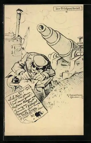 Künstler-AK Karl Pommerhanz: Der Feldpostbrief, Soldat schreibt Brief neben Kanone