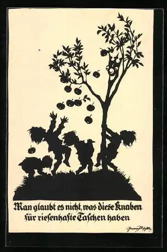 Künstler-AK Georg Plischke: Was diese Knaben für riesenhafte Taschen haben, Kinder schütteln Apfelbaum