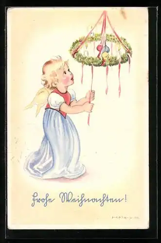 Künstler-AK Hilla Peyk: Engelskind am Adventskranz