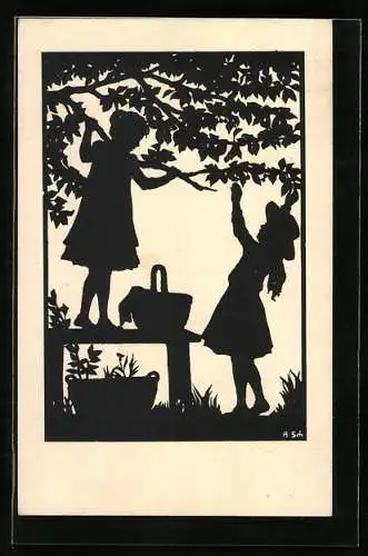 Künstler-AK Anna Schirmer: Mädchen pflücken Kirschen vom Baum