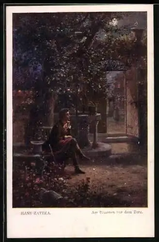 Künstler-AK Hans Zatzka: junger Mann sitzt in der Nacht am Brunnen