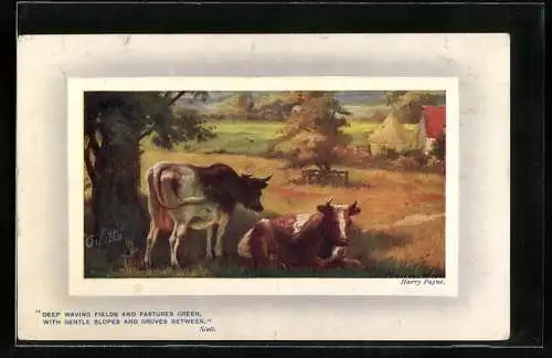 Künstler-AK Harry Payne: Kühe auf der Weide mit Gedichtauszug von Scott