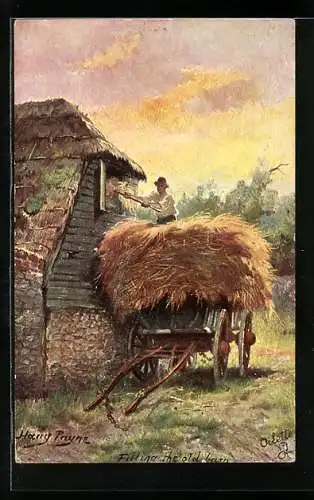 Künstler-AK Harry Payne: Bauer schaufelt das Heu auf den Dachboden