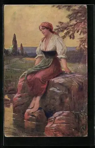 Künstler-AK C.V.Muttich: Verlassen sitzt die Frau am Wasser