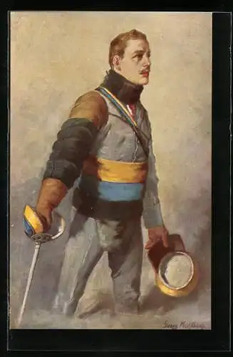Künstler-AK Georg Mühlberg: Soldat mit Degen und Mütze in der Hand