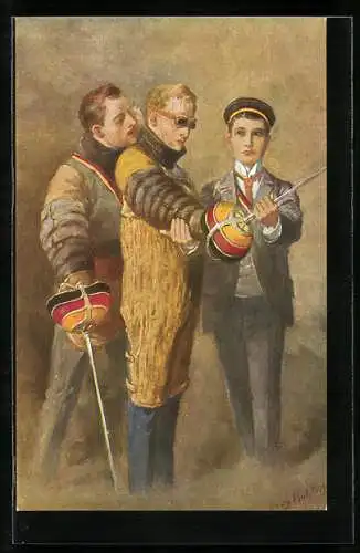 Künstler-AK Georg Mühlberg: Mensurpause, Student legt Schutzkleidung ab, Degen