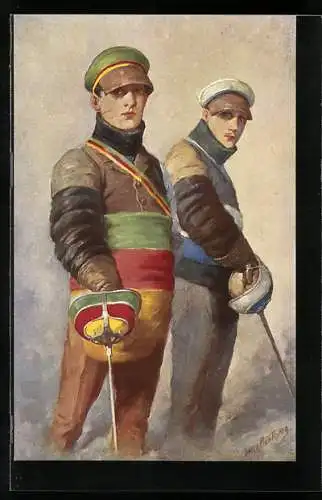 Künstler-AK Georg Mühlberg: Studenten in Fechtkleidung