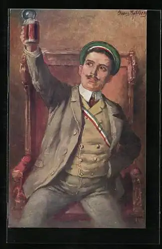 Künstler-AK Georg Mühlberg: Ein Prosit!, Student hebt den Bierkrug