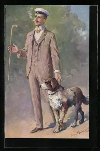Künstler-AK Georg Mühlberg: Student, Ein flotter Bursche mit Hund