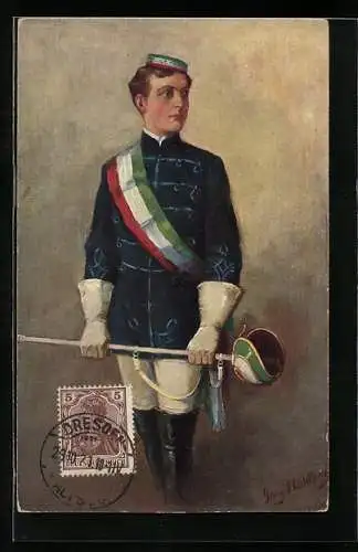 Künstler-AK Georg Mühlberg: Zum erstenmal in Wichs, Student mit Schläger