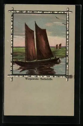 Künstler-AK Worpsweder Künstlerkolonie: Torfschiffe in Birken-Passepartout