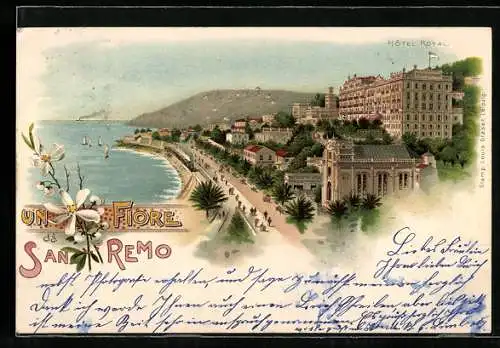 Lithographie San Remo, Hotel Royal mit Küstenstrasse, Eisenbahn