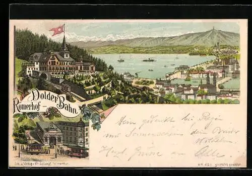 Lithographie Zürich, Dolder Bahn an Haltestelle Römerhof mit Wasserpartie