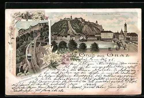 Vorläufer-Lithographie Graz, 1895, Schlossberg-Bahn, Stadtansicht mit Schlossberg