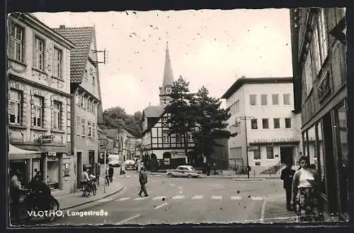 AK Vlotho, Langstrasse mit Kreis-Sparkasse und Geschäften