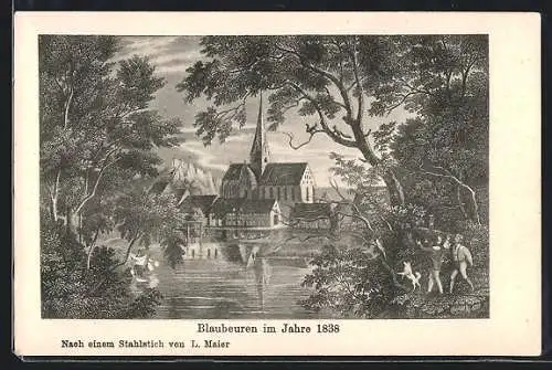 Künstler-AK Blaubeuren, Uferpartie mit Kirche im Jahre 1838