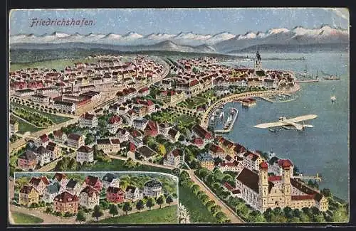 Künstler-AK Friedrichshafen, Zeppelin über der Stadt