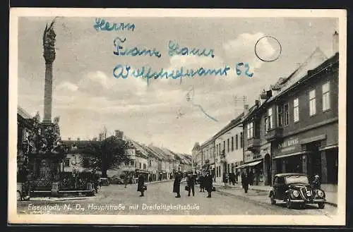 AK Eisenstadt, Hauptstrasse mit Dreifaltigkeitssäule und Eisenhandlung von Ignaz König