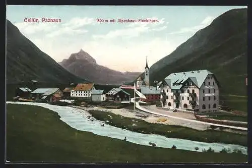 AK Galtür, Paznaun, Ortspartie mit Alpengasthaus Fluchthorn