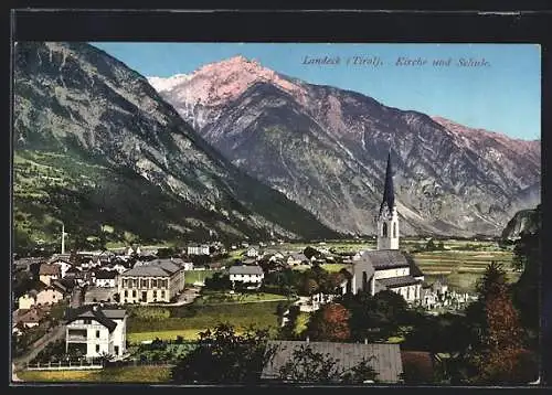 AK Landeck, Ortsansicht mit Kirche und Schule