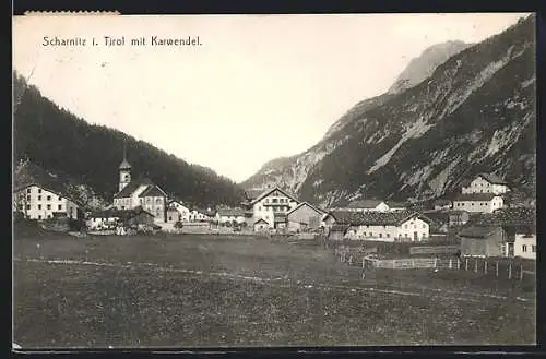 AK Scharnitz i. Tirol, Ortspartie mit Kirche und Karwendel