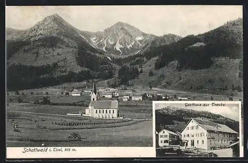 AK Schattwald, Ortspanorama mit Bergen, Gasthaus zur Traube