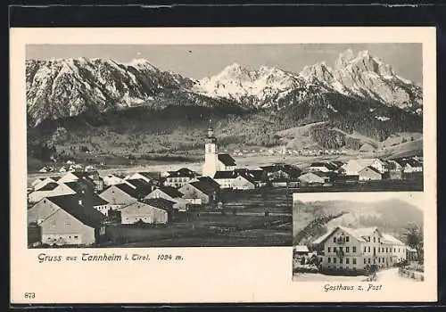 AK Tannheim, Gasthaus zur Post, Ortsansicht gegen das Gebirge
