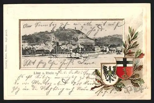 Passepartout-Lithographie Linz a. Rhein, Ortsansicht mit Dampfer, Wappen, Lorbeer. u. Eichenlaub