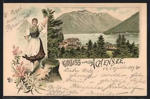 Lithographie Achensee, Panoramablick auf den Achensee, Frau in Tracht grüsst mit ihrem Hut