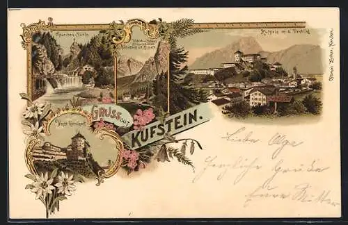 Lithographie Kufstein, Ortsansicht gegen Pendling, Sparchen-Mühle, Veste Geroldseck